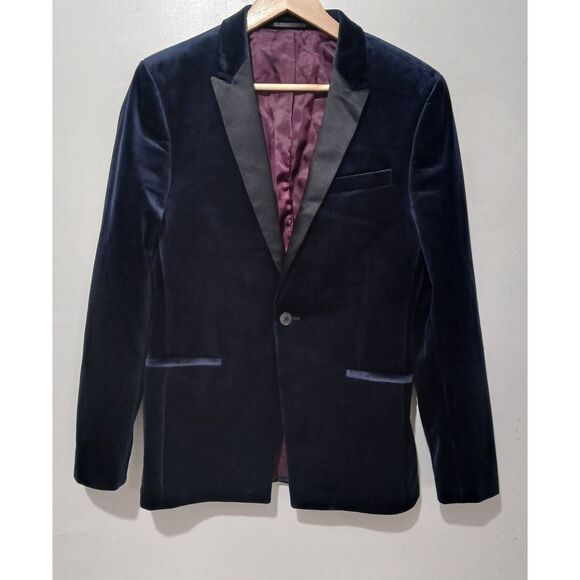 Topman mens size 38R navy blue velvet tuxedo blazer - Picture 1 of 8